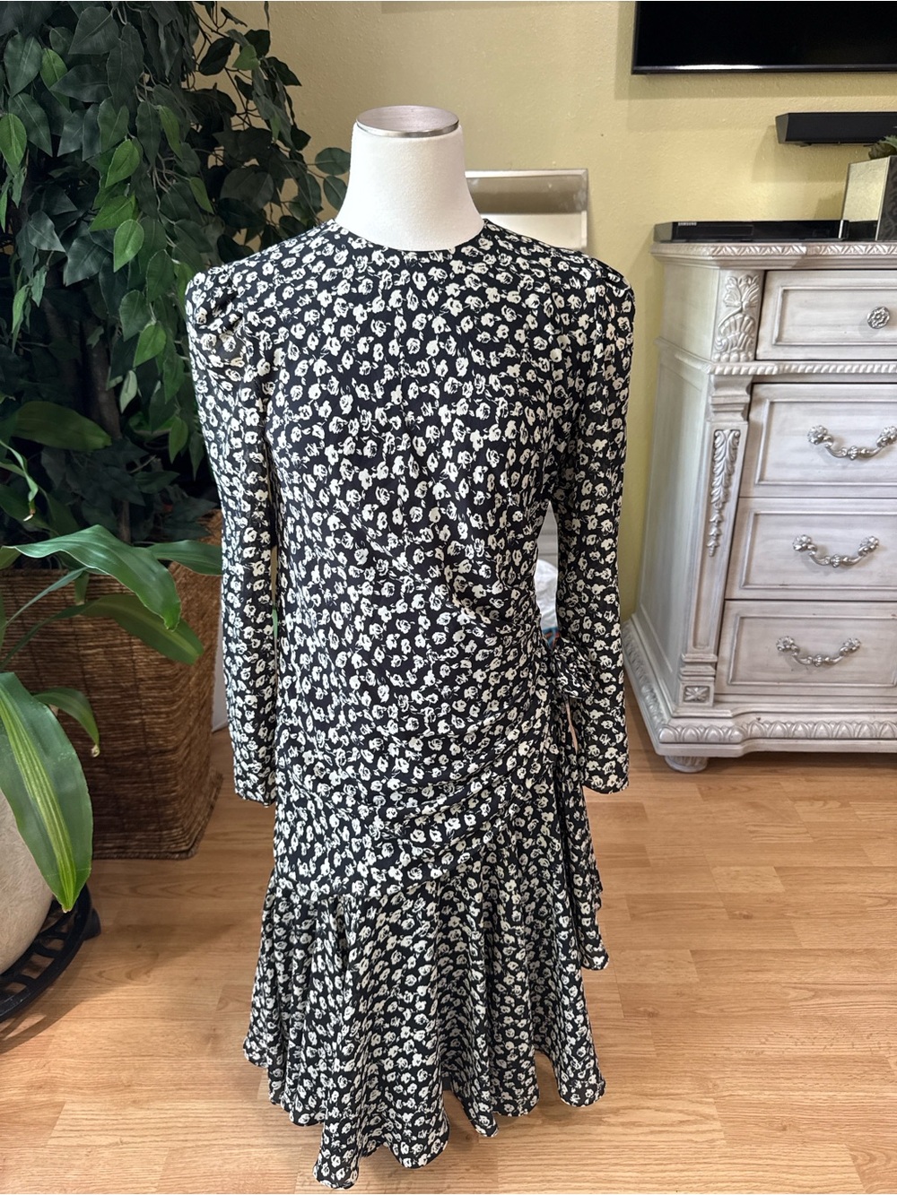 Vintage 80s Floral Puff Sleeve Dress Draped Ruffle Midi Black White 8